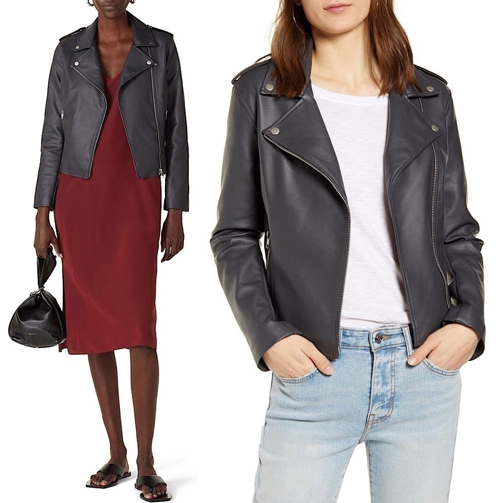 BB‎ DAKOTA Charcoal Grey Vegan Faux Leather Moto Biker Notch Collar Zip Jacket S